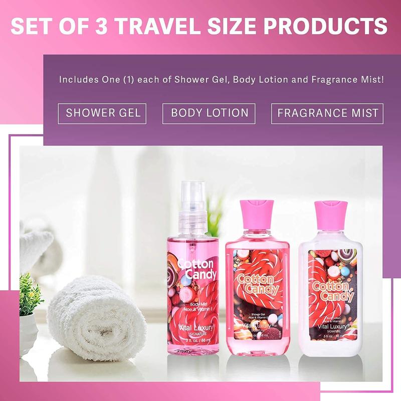 Cotton Candy Bath & Body Travel Kit, 3 Fl Oz, Ideal Skincare Gift Home Spa Set, Includes Shower Gel, Body Lotion and Fragrance Mist, Christmas Gifts for Your Family and Friends