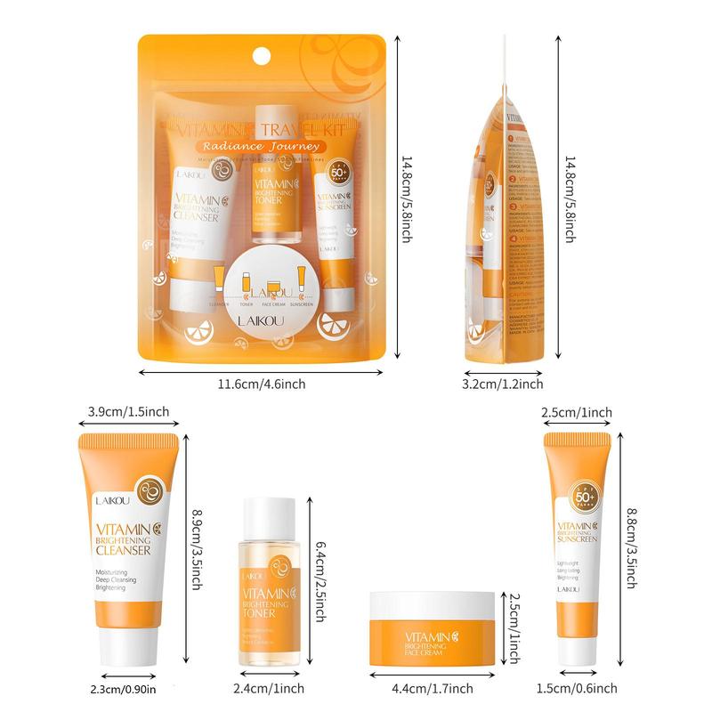 Vitamin C Skin Care Kit, 4 Counts set Cleanser & Toner & Face Cream & Sun Light Protection Cream, Skin Care Products for Women & Men Travel Use