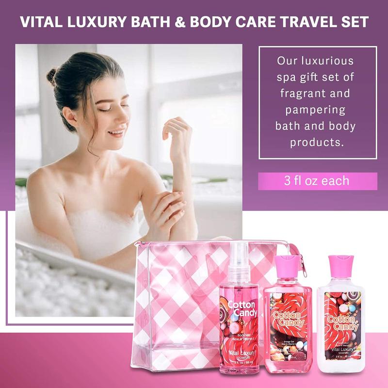 Cotton Candy Bath & Body Travel Kit, 3 Fl Oz, Ideal Skincare Gift Home Spa Set, Includes Shower Gel, Body Lotion and Fragrance Mist, Christmas Gifts for Your Family and Friends