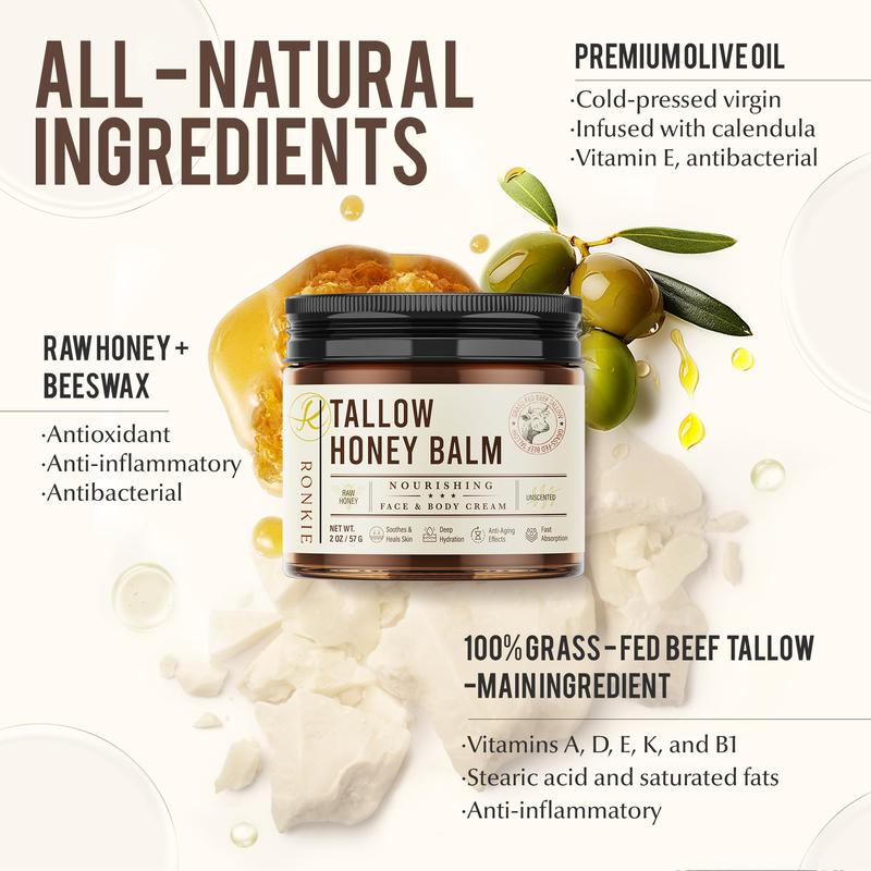 RONKIE Beef Tallow for Skin Care: Grass-Fed Beef Tallow and Raw Honey Balm - Unscented Natural Tallow Moisture for Dry Skin 2oz Comfort Skin Repair