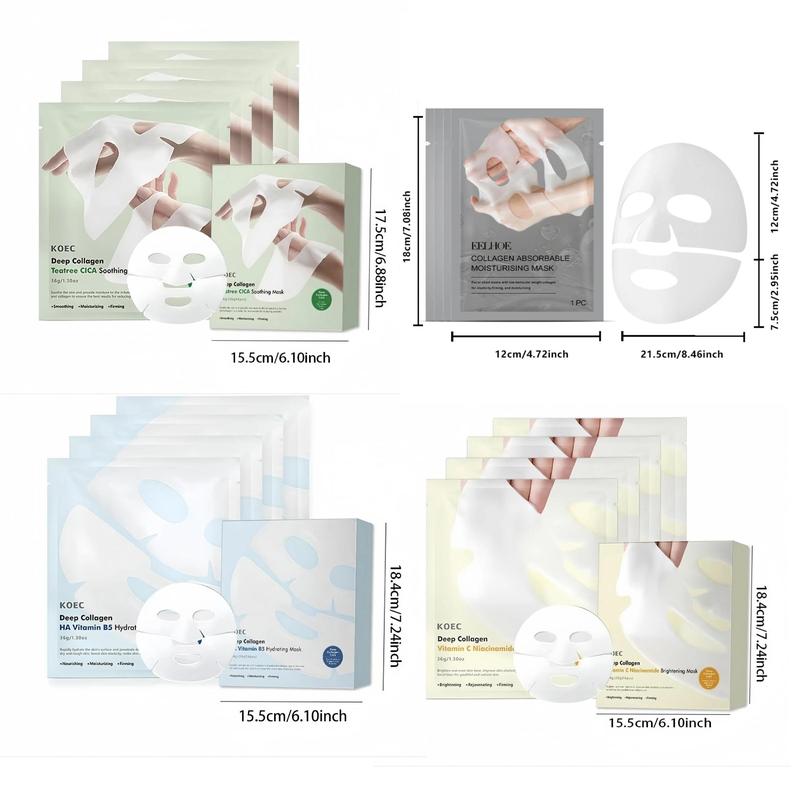 Collagen & Vitamin C Niacinamide & Tea Tree Cica & Vitamin B5 Facial Mask Set, 16pcs Moisturizing & Nourishing Face Mask, Skin Care Product for Women & Men