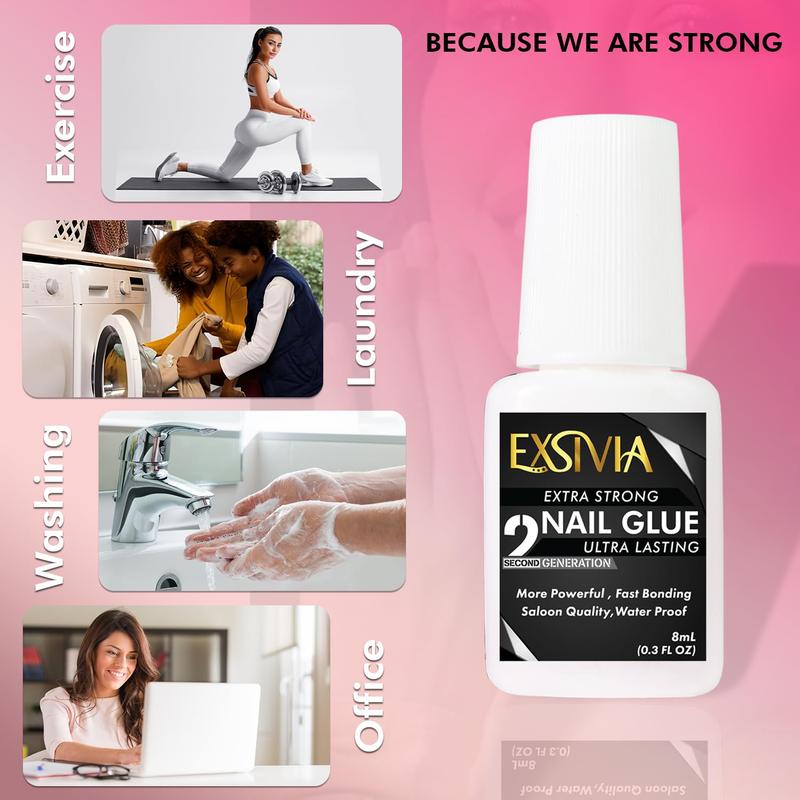 2nd Gen Super Strong Nail Glue - Salon Quality, Extra Strength for Acrylic, Press-On, Fake Nails, Quick Dry, Long Lasting, No Dehydrator and Primer Needed - 8ml