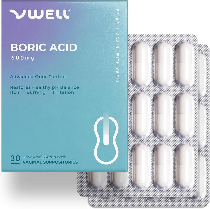 VWELL Boric Acid Vaginal Suppositories 30 Counts Blister Pack - Maintains and Balances Healthy Vaginal pH & Microbiome to Manage Odor Itch Burning Irritation Intimacy - Doctors Recommended for Women