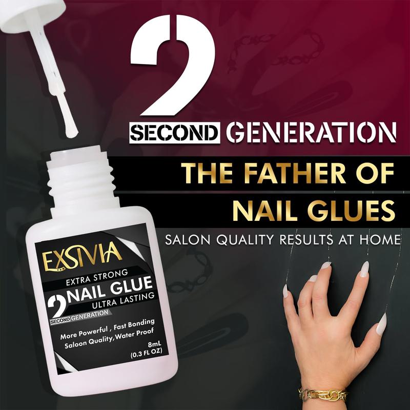 2nd Gen Super Strong Nail Glue - Salon Quality, Extra Strength for Acrylic, Press-On, Fake Nails, Quick Dry, Long Lasting, No Dehydrator and Primer Needed - 8ml