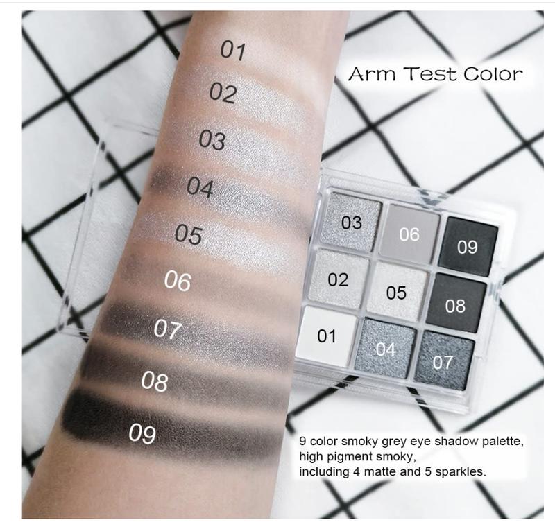 Black Smokey Gray Silver Glitter Shimmer Eye Makeup Palette, 9 Col.ors Cool Toned Matte,  Profesional Sombras De Ojos (A). Waterproof Cream