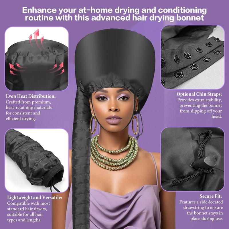 Hooded Hair Dryer Bonnet - Fast-Drying Bonnet Hair Dryer for Natural Hair, Deep Conditioning, Styling, & Curl Enhancing - Adjustable Fit, Heat Distribution, Portable & Lightweight for Travel(Black)