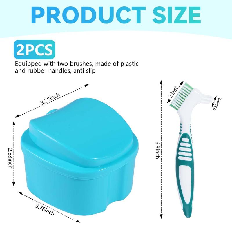 2 Pack Denture Bath Case Cup Box Holder Storage Container with Denture Cleaner Brush Strainer Basket for Travel Cleaning (Light Blue and Blue)