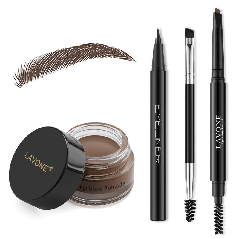 Eyebrow Stamp Pencil Kit for Eyebrows Makeup, with Waterproof Eyebrow Pencil, Eyeliner, Eyebrow Pomade, and Dual-ended Eyebrow Brush - Dark Brown