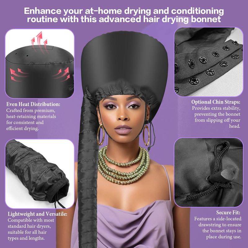 Hooded Hair Dryer Bonnet - Fast-Drying Bonnet Hair Dryer for Natural Hair, Deep Conditioning, Styling, & Curl Enhancing - Adjustable Fit, Heat Distribution, Portable & Lightweight for Travel(Black)