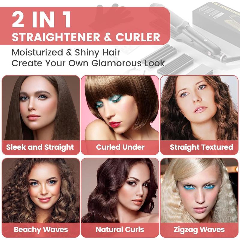 Hair Crimper for Women Hair Waver Hair Straightener Curling Iron 4 in1 Flat Crimping Iron Plates Ceramic Waver Hair Tool Volumizing Crimper with 15s Fast Heating (Black)