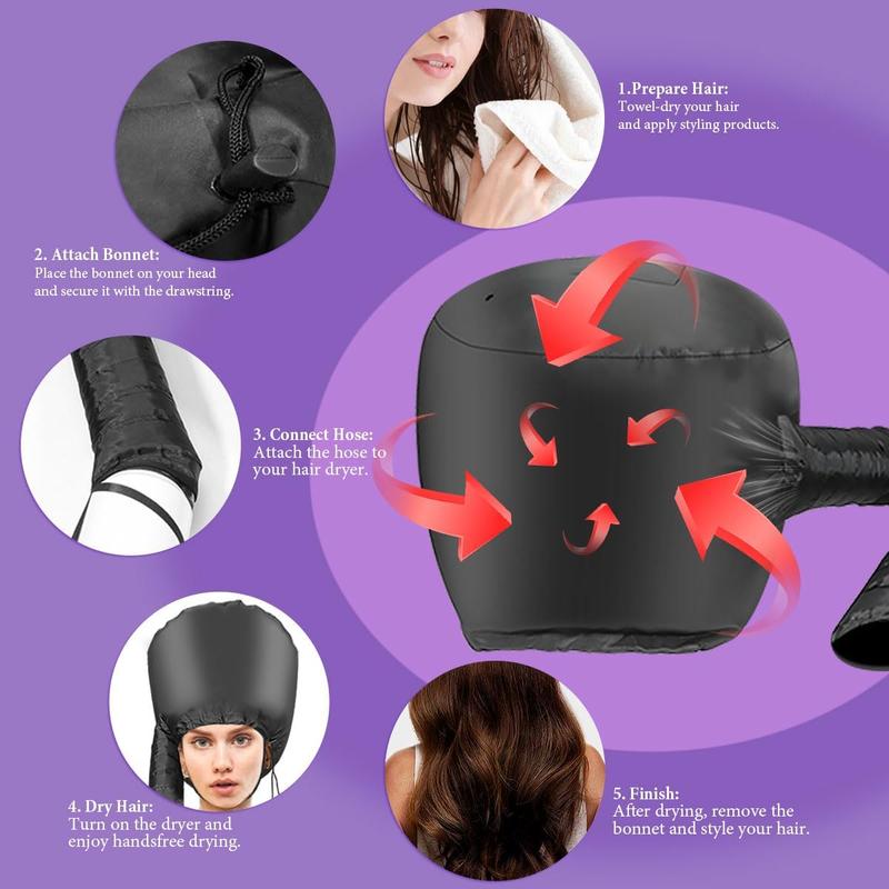 Hooded Hair Dryer Bonnet - Fast-Drying Bonnet Hair Dryer for Natural Hair, Deep Conditioning, Styling, & Curl Enhancing - Adjustable Fit, Heat Distribution, Portable & Lightweight for Travel(Black)