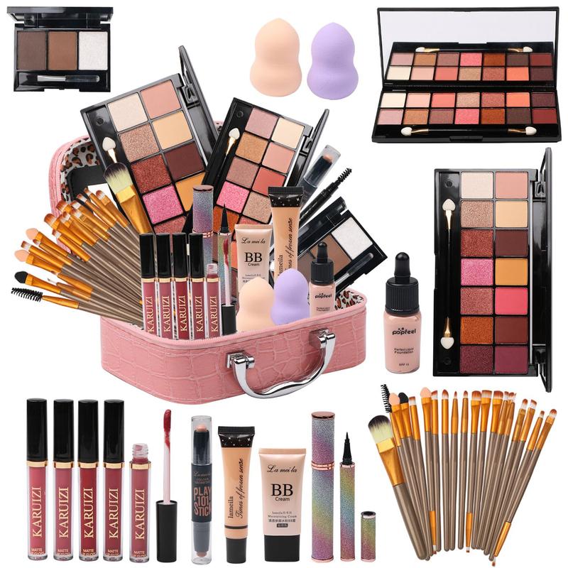 All in One Makeup Kit for Makeup storage bag 2X14 Colors Eyeshadow Palette Liquid Foundation Eyeliner Pencils Contouring Stick Lip Gloss Eyebrow Pencils 20 count Makeup Brushes etc For Women Girls Teens (Pink)