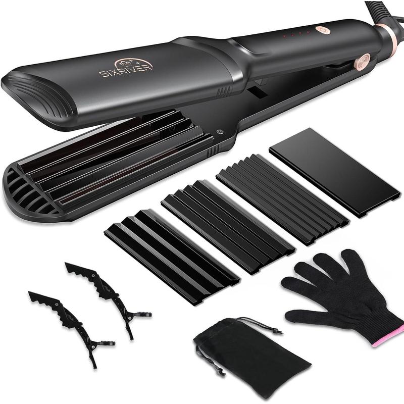 Hair Crimper for Women Hair Waver Hair Straightener Curling Iron 4 in1 Flat Crimping Iron Plates Ceramic Waver Hair Tool Volumizing Crimper with 15s Fast Heating (Black)