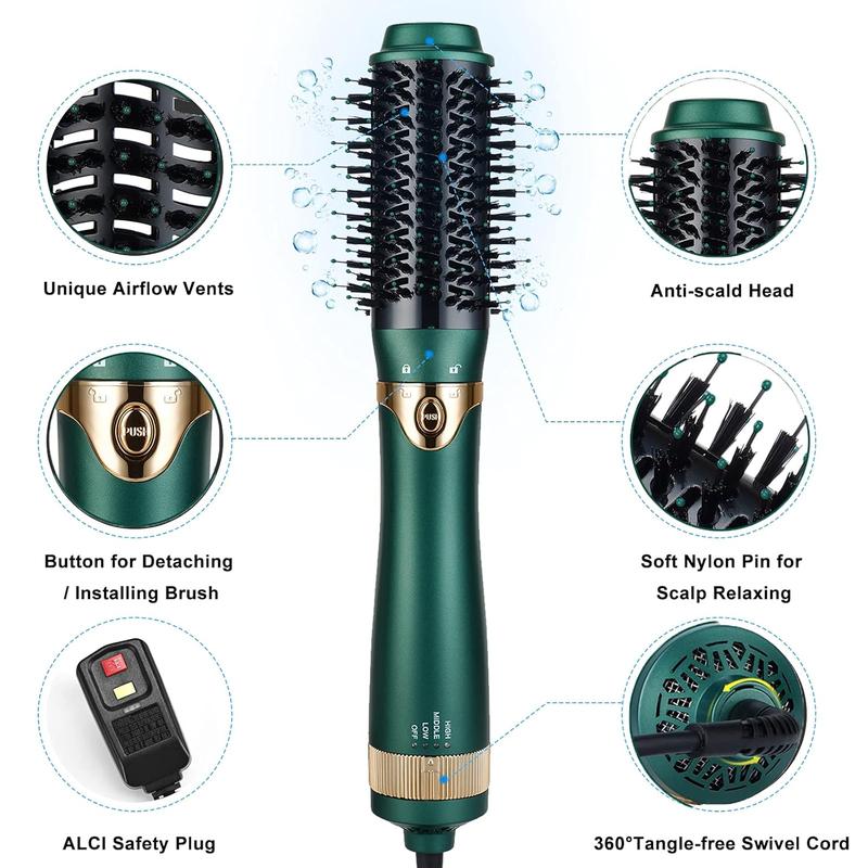 Retro Green Ceramic Hair Dryer and Brush Set, 4-in-1, Lightweight, Safe, and Quiet