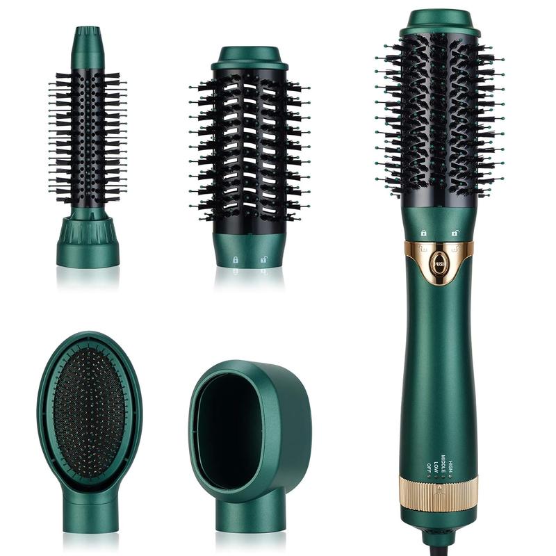 Retro Green Ceramic Hair Dryer and Brush Set, 4-in-1, Lightweight, Safe, and Quiet