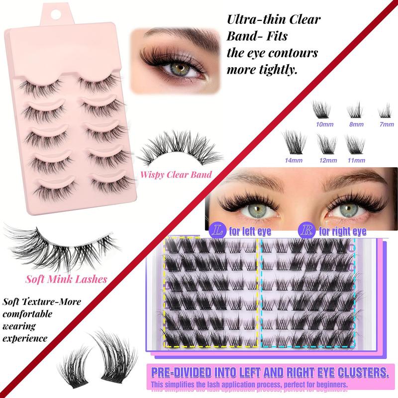 Fluffy False Eyelashes Extension Kit, Individual False Eyelashes with Glue & Tweezers & Brush & Glue Remover, Eye Makeup Enhancement False Eyelashes for Women and Girls, Eyelash Glue Extension, Christmas Gift, Eyelash Extensions