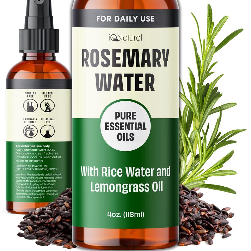 IQ Natural Rosemary Water Spray for Hair, Hydrating Hair Mist - 4oz Haircare Organic Blend Oil Rice Comfort