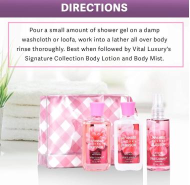 Vital Luxury Japanese Cherry Blossom Scent Bath&Body Set,3 Pcs,Shower Gel,Mist,and Lotion for Unisex