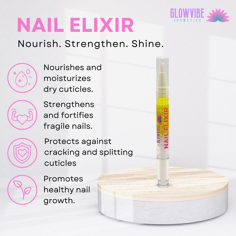 Glowvibe Cosmetics Nail Elixir Cuticle Oil - Moisturizing, Growth, Strengthening - Pure 5 Ingredient Formula