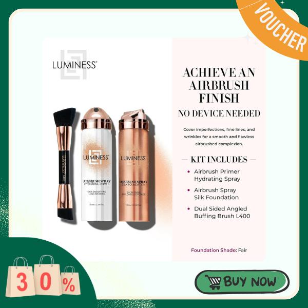 LUMINESS Airbrush Spray Silk Foundation Starter Kit - Fair - Foundation, Primer & Dual-Sided Angled Buffing Brush - Medium, Buildable Coverage, Anti-Aging Formula Hydrates & Moisturizes