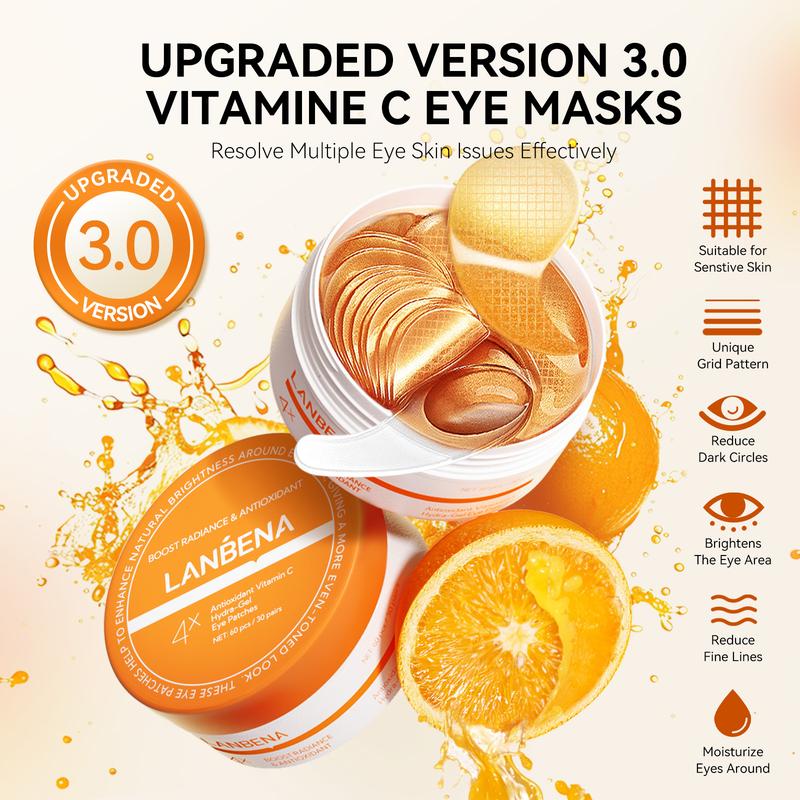 LANBENA Vitamin C Under Eye Patches for Dark Circles and Puffy Eyes, Cooling Eye Masks for Eye Bags, Fine Lines & Wrinkles Reduce, Anti-Aging, with Niacinamide Hydra-Gel Collagen-30 Pairs