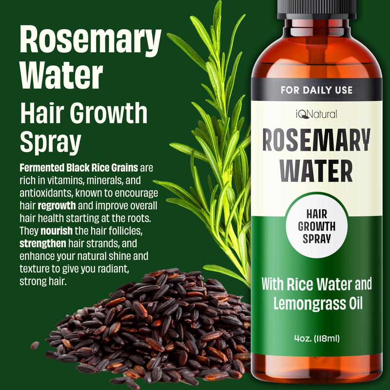 IQ Natural Rosemary Water Spray for Hair, Hydrating Hair Mist - 4oz Haircare Organic Blend Oil Rice Comfort