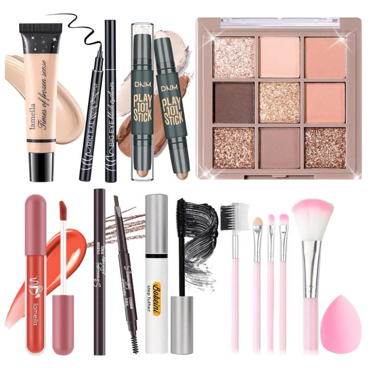 Makeup Set Kit for Women Girls Teens, Makeup Present Set, Includes 9 Color Eyeshadow, Counter Stick, Foundation, Eyebrow Pencil, Eyeliner, Mascara, Lip Gloss, 5Pcs Brushes, Sponge Cosmetic Clear Coverage