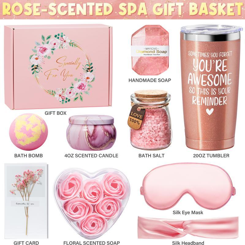 Self Care Spa Gifts Basket for Women - Get Well Soon, Birthday, and Unique Christmas Gifts Idea, Rose Scent Relaxation Set for Mom, Friends, Wife