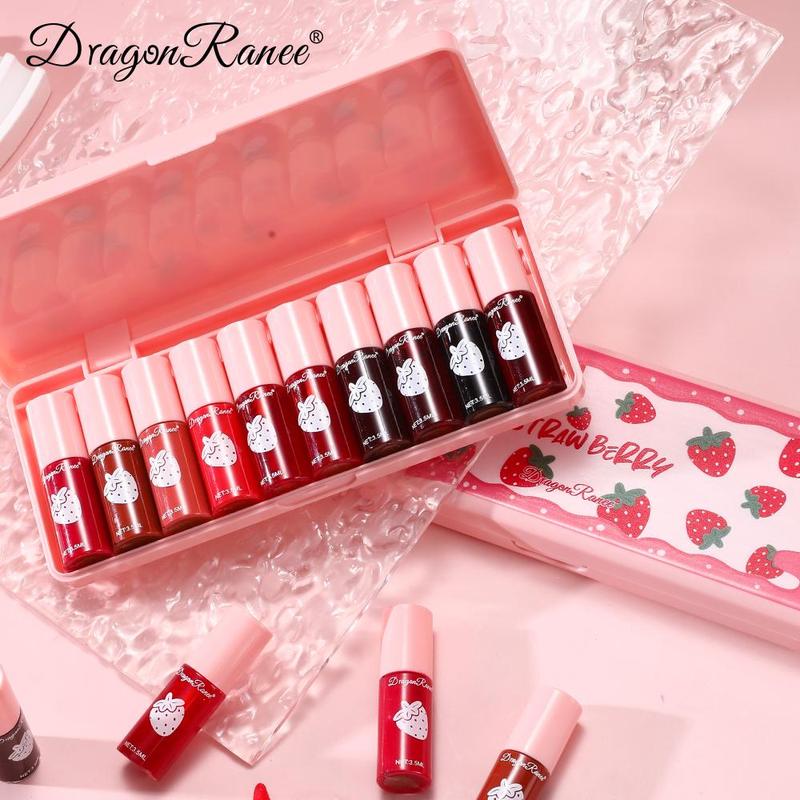 Strawberry Lip Gloss Set, 10pcs box Long Lasting Moisturizing Lip Gloss, Glossy Lip Glaze, Plumping Lip Oil Lip Stick for Girls & Women, Christmas Gift