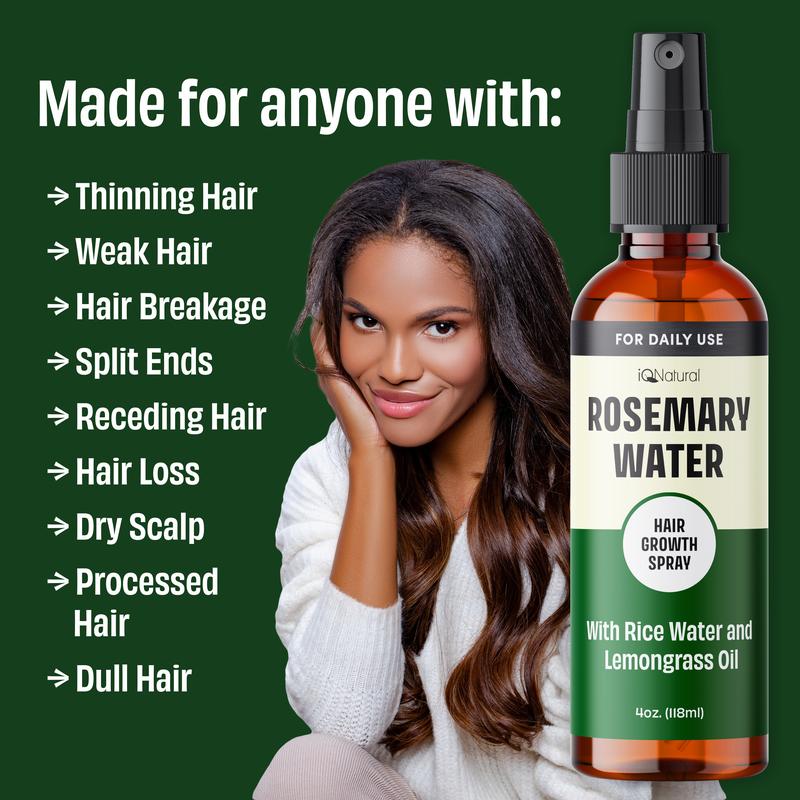 IQ Natural Rosemary Water Spray for Hair, Hydrating Hair Mist - 4oz Haircare Organic Blend Oil Rice Comfort