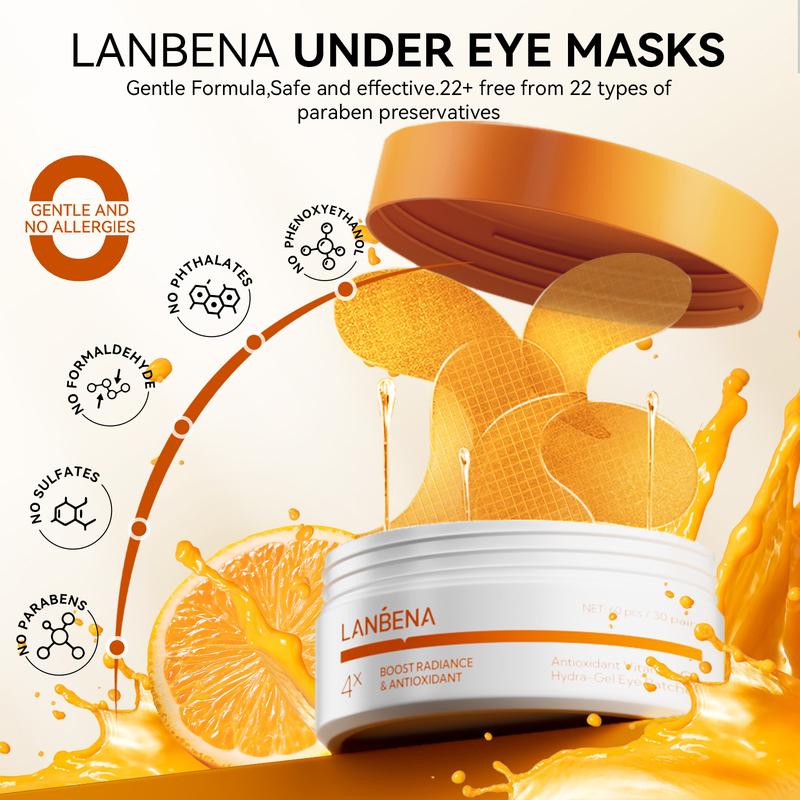 LANBENA Vitamin C Under Eye Patches for Dark Circles and Puffy Eyes, Cooling Eye Masks for Eye Bags, Fine Lines & Wrinkles Reduce, Anti-Aging, with Niacinamide Hydra-Gel Collagen-30 Pairs