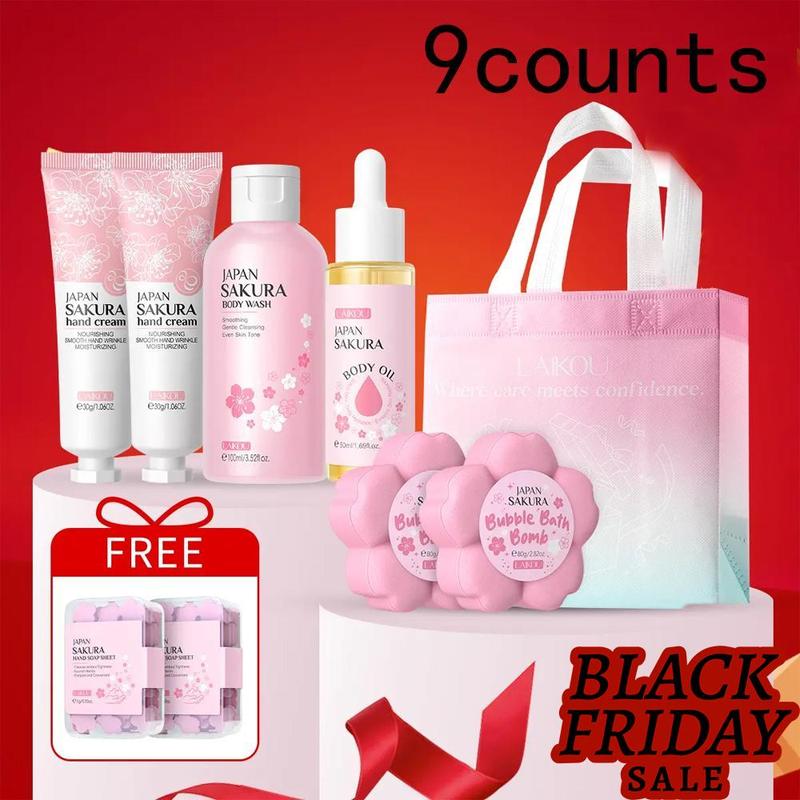 Sakura Body Care Set (9 Counts set), Body Wash & Body Serum Oil & Bath Salt & Hand Cream & Bag & Soap Tablet & Gift Bag, Body Care Product for Women