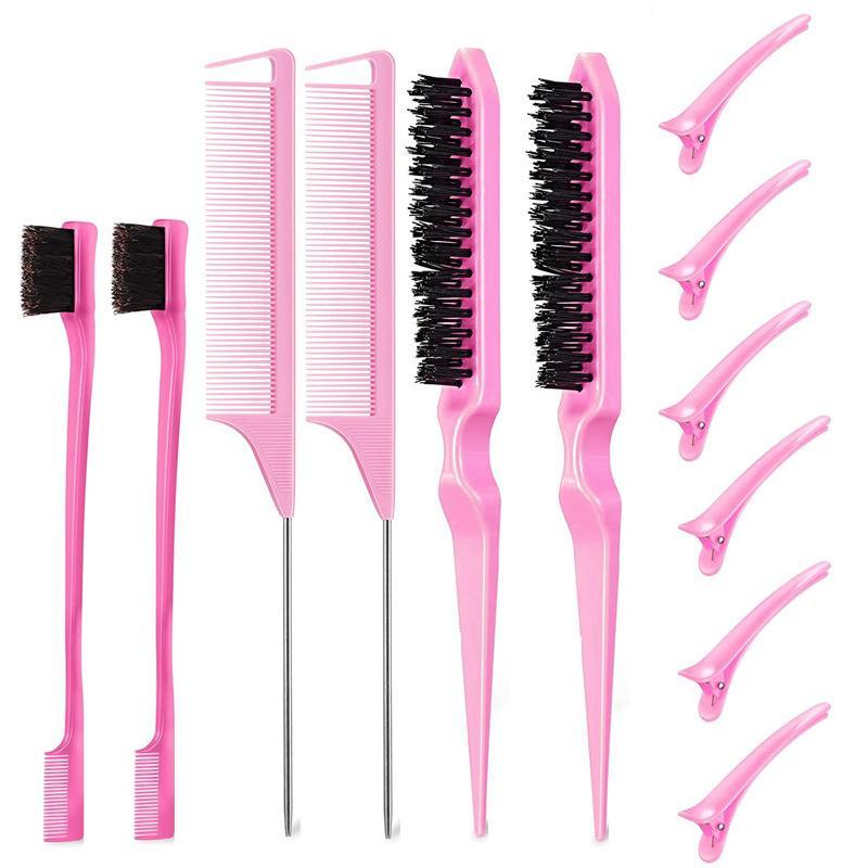 12pcs set Hair Styling Tool Set, Teasing Hair Comb, Pointed Tail Hair Comb, Eyebrow Brush, Hairline Brush, Hair Clip, Hair Comb, Hair Styling Tool, Hair Grooming Kit, Summer Essentials