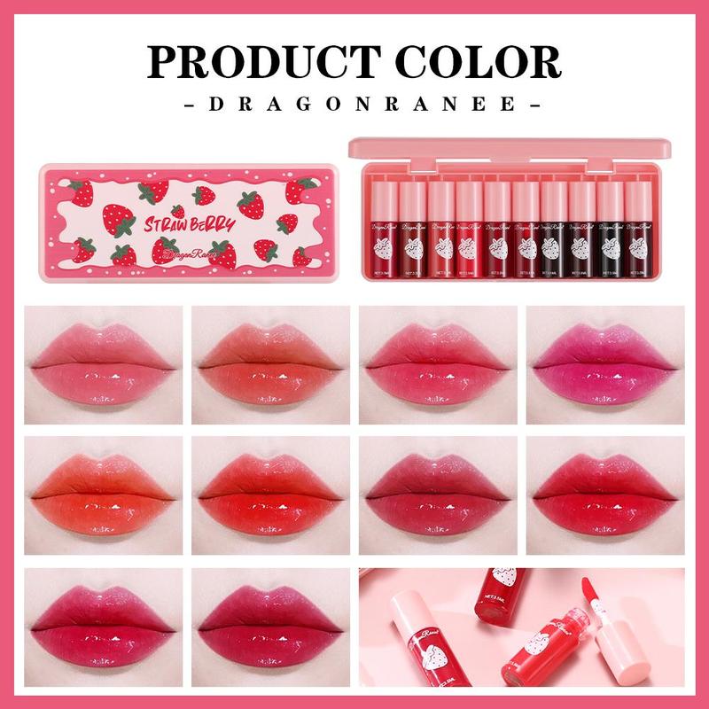 Strawberry Lip Gloss Set, 10pcs box Long Lasting Moisturizing Lip Gloss, Glossy Lip Glaze, Plumping Lip Oil Lip Stick for Girls & Women, Christmas Gift