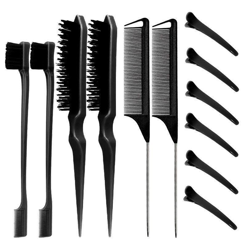 12pcs set Hair Styling Tool Set, Teasing Hair Comb, Pointed Tail Hair Comb, Eyebrow Brush, Hairline Brush, Hair Clip, Hair Comb, Hair Styling Tool, Hair Grooming Kit, Summer Essentials