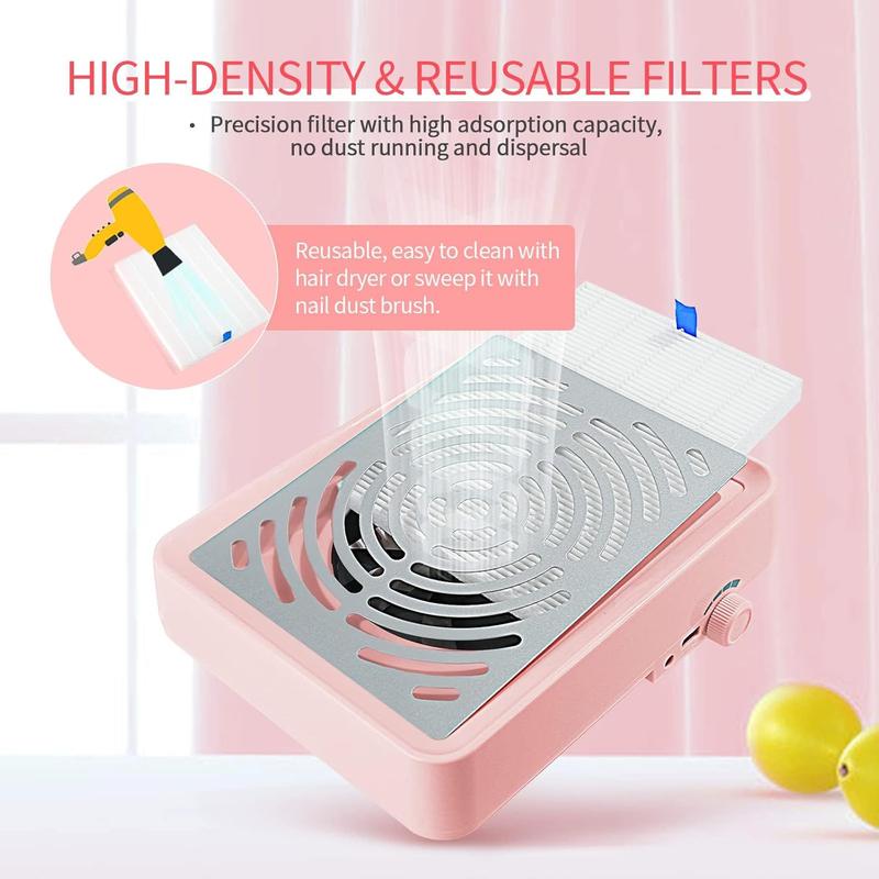 Electric Nail Dust Collector, 1 Box Reusable Filter Nail Dust Cleaner with Light, Professional Nail Art Tool for Home & Salon Use