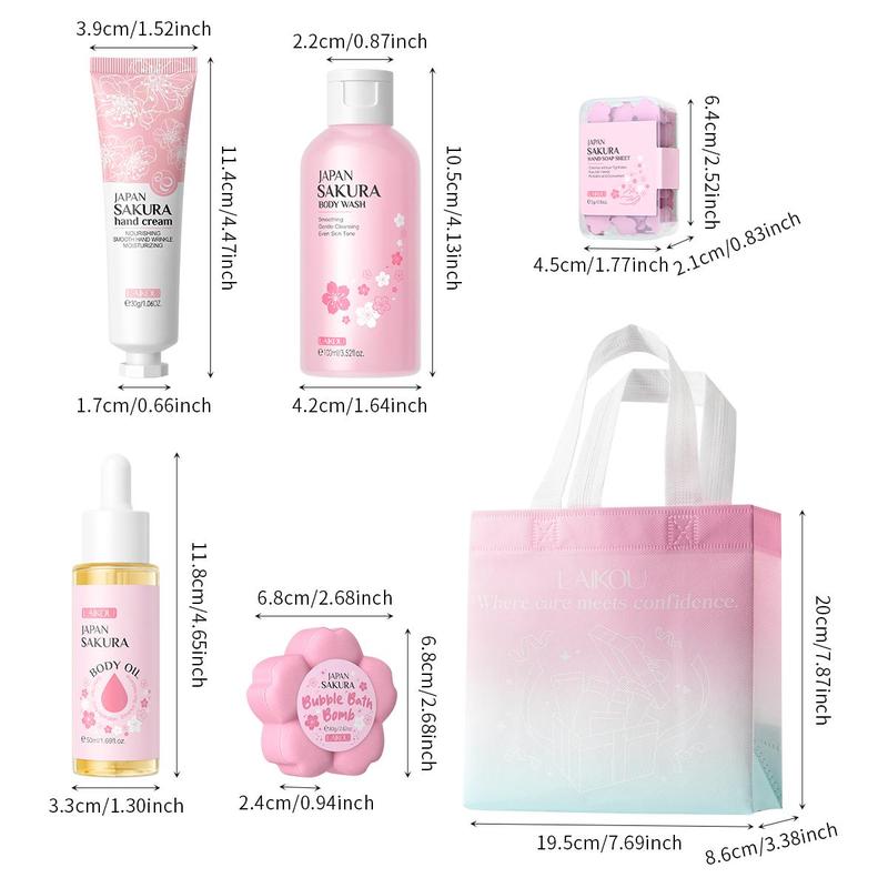 Sakura Body Care Set (9 Counts set), Body Wash & Body Serum Oil & Bath Salt & Hand Cream & Bag & Soap Tablet & Gift Bag, Body Care Product for Women