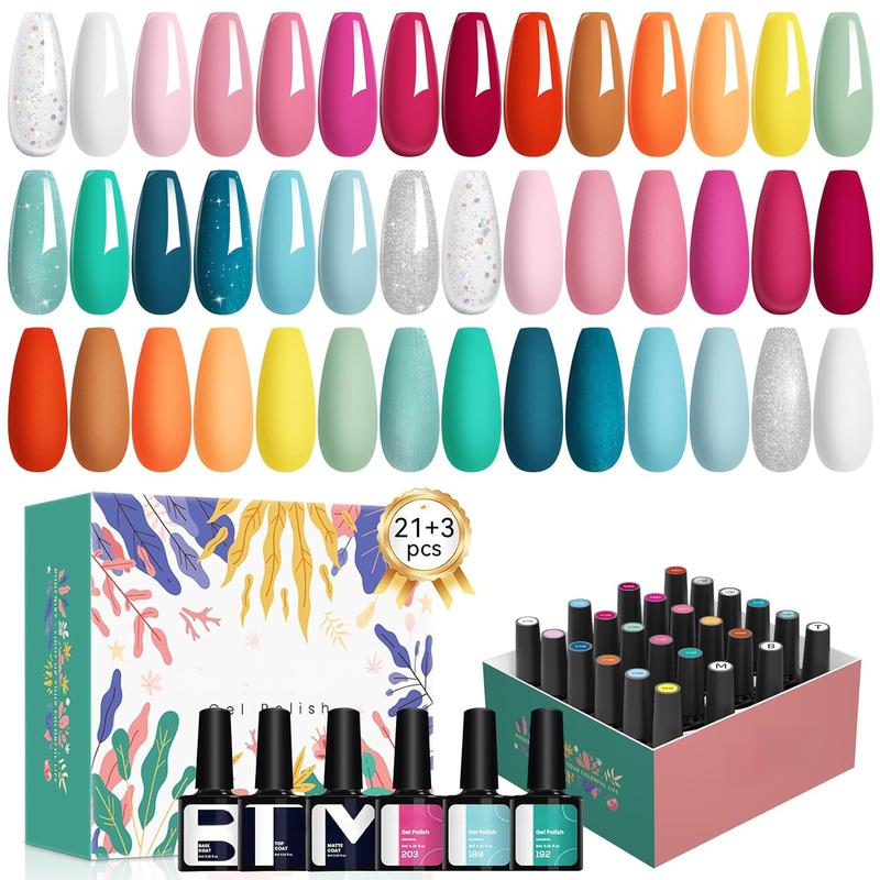 24pcs gel nail polish set, 21 colors peelable gel nail set nude pink red blue green yellow orange nail polish set with base coat matte top coat nail set women gift Nail Art Nail Care Smooth