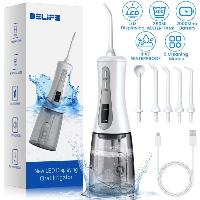 Water Flosser- 5 Modes Oral Irrigator With LED Display, 5 Jets Rechargeable, 350ML Braces Flossers Cleaner, Rechargeable Portable IPX7 Waterproof Powerful Battery for Travel Home