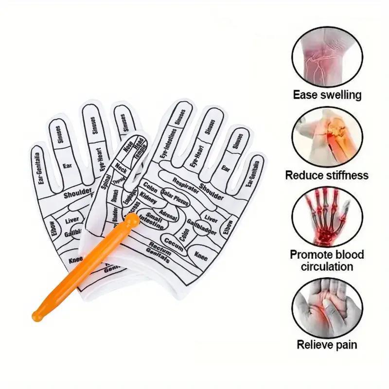 Shiatsu Reflexology Gloves With Massage Stick, 1 Pair Hand Reflexology Massage Tool With Acupressure Point Chart, Manual Massage Tool For Adults