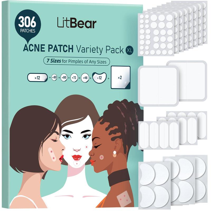 LitBear Skincare Large Pimple Patches 7 Sizes 306 Patches, Acne Spot Treatment XL Hydrocolloid Bandages for Full Face, Forehead,Back and Body Skincare pimple patches acne  patches star  patches