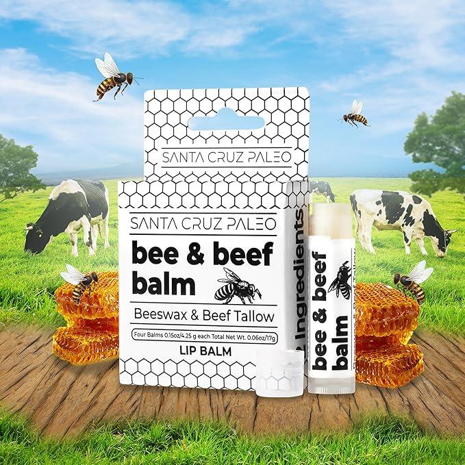 Santa Cruz Paleo Beef Tallow Beeswax Lip Balm Hydrating Moisturizer, Natural Grass Fed Lip Care Tallow Balm Soothes Chapped, Dry Lips, Hypoallergenic for Sensitive Skin, Long Lasting & Vitamin Rich