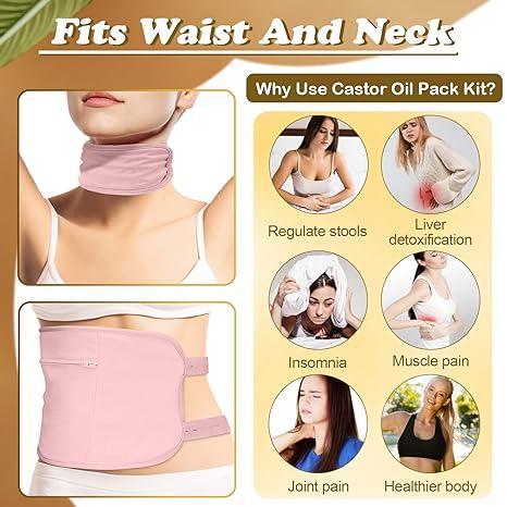 Castor Oil Pack Wrap Set, Adjustable Reusable Organic Castor Oil Pack Kit, Castor Oil Packs for Liver Detox with Elastic Strap Cotton Machine Washable Anti Oil Leak