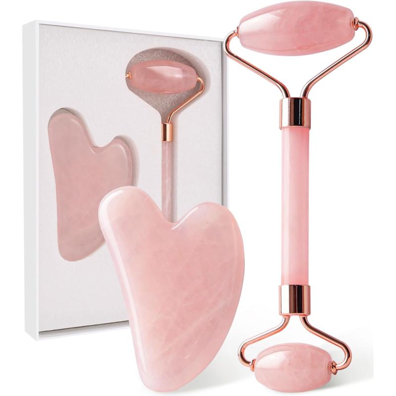 Face Massager Rose Quartz Face Roller & Gua Sha Facial Tool Set, Muscle Tension Relief, Skin Care Gift for Men Woman, Christmas Gifts