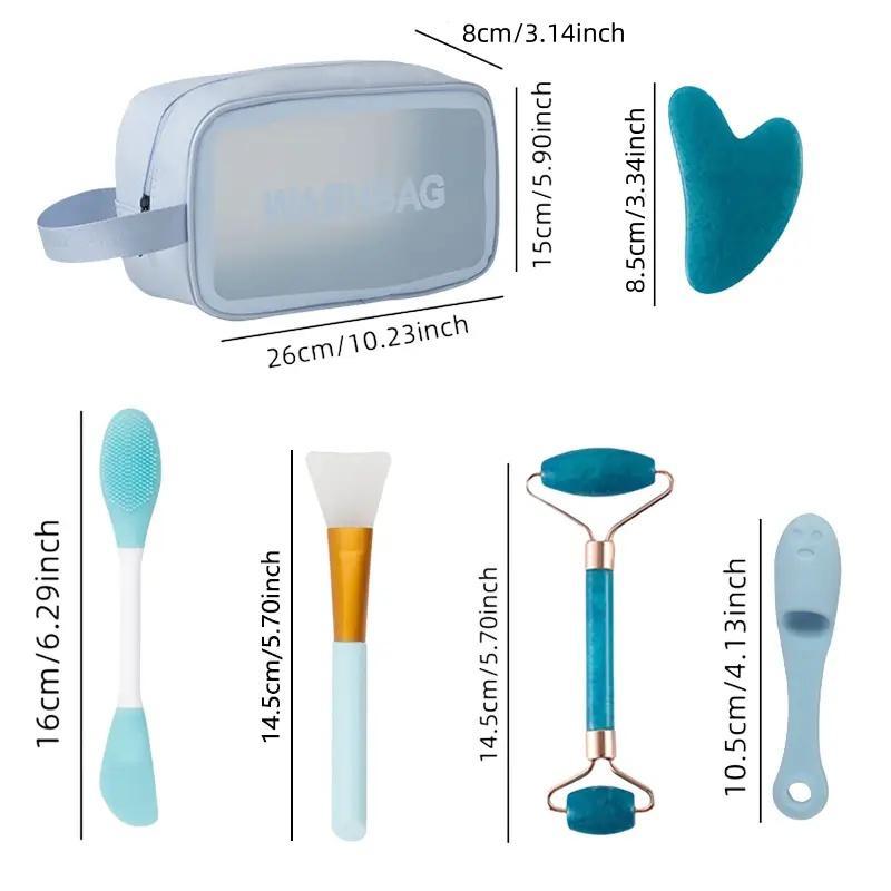 Facial Tool Set, 9 Counts set Double-ended Face Massage Roller, Gua Sha, Face Wash Headband & Wristband, Silicone Mask Brush, Cleansing Brush, Makeup Bag, Comfort Korea Skincare, Christmas Gift