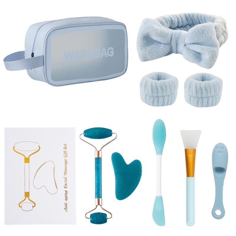 Facial Tool Set, 9 Counts set Double-ended Face Massage Roller, Gua Sha, Face Wash Headband & Wristband, Silicone Mask Brush, Cleansing Brush, Makeup Bag, Comfort Korea Skincare, Christmas Gift