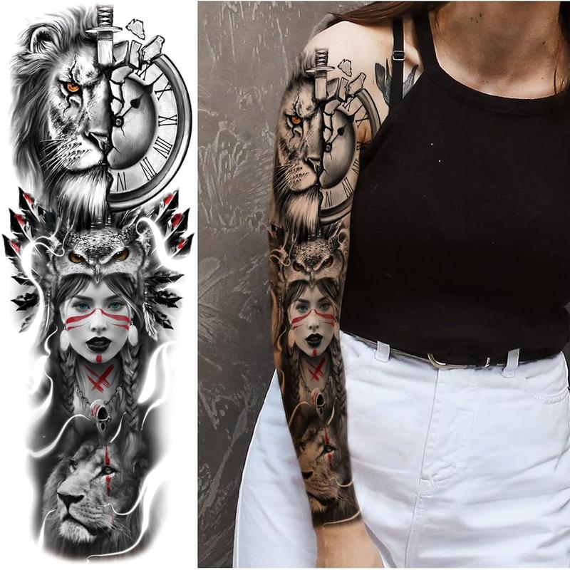 Lion Wolf Temporary Tattoo Sleeve, Large Full Arm Animal Tribal Fake Tattoos Sleeve For Men Women Adult, Long Lasting Black Arm Temp Tatoo Sticker Leg Body Art Makeup, 4-Sheet