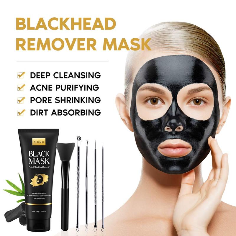 Blackhead Remover Mask Kit, Charcoal Peel Off Facial Mask with Brush and Pimple Extractors, Deep Cleansing for Face Nose Blackhead Pores Acne, For All Skin Types (3.5 Fl.oz)