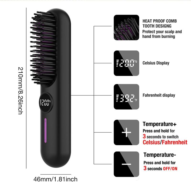 Portable Cordless Straightener Brush, 2 in 1 Curling & Straightening Hair Iron, USB Rechargeable Hair Iron for Home Office School Or Travel