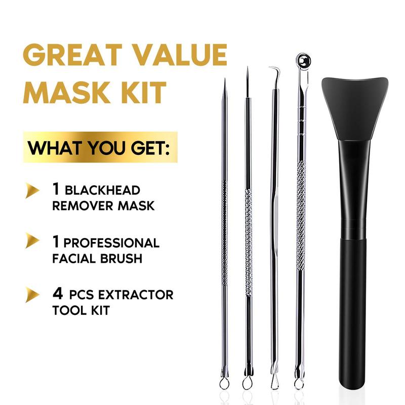 Blackhead Remover Mask Kit, Charcoal Peel Off Facial Mask with Brush and Pimple Extractors, Deep Cleansing for Face Nose Blackhead Pores Acne, For All Skin Types (3.5 Fl.oz)